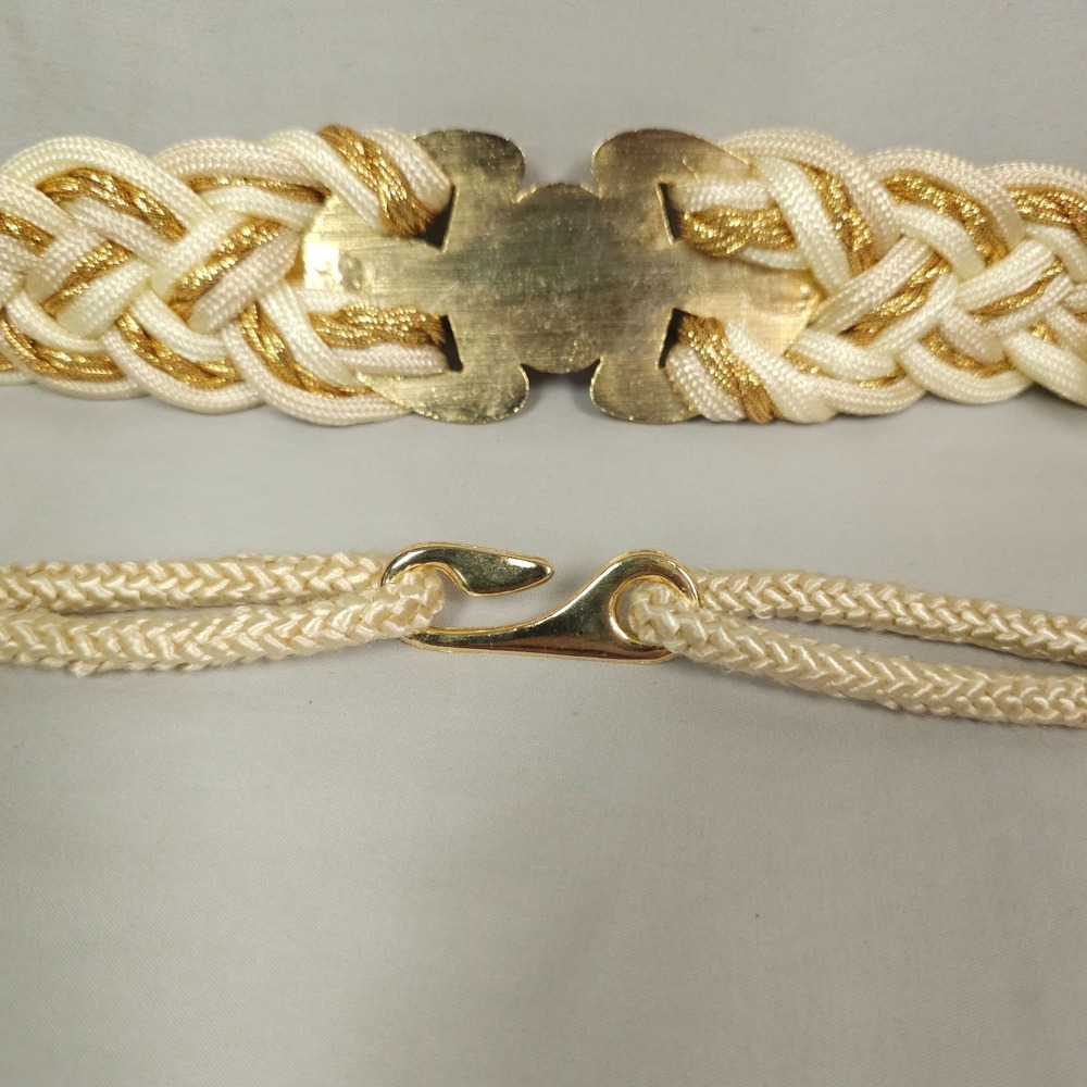 Vintage Braided Rope Cinch Belt Women M / L Gold Ivory White Faux Pearl Glam - Picture 7 of 12